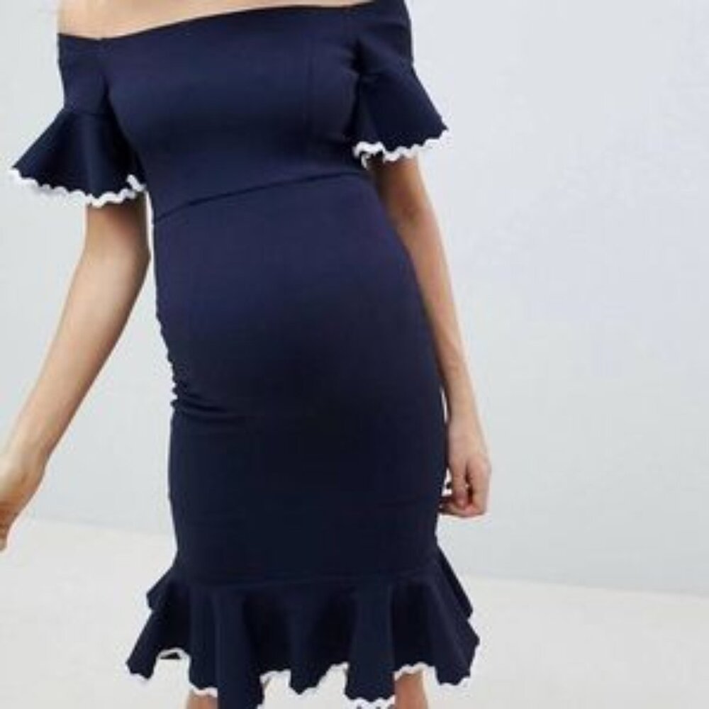 Queen B Maternity London navy white trimmed off the shoulder dress size 14